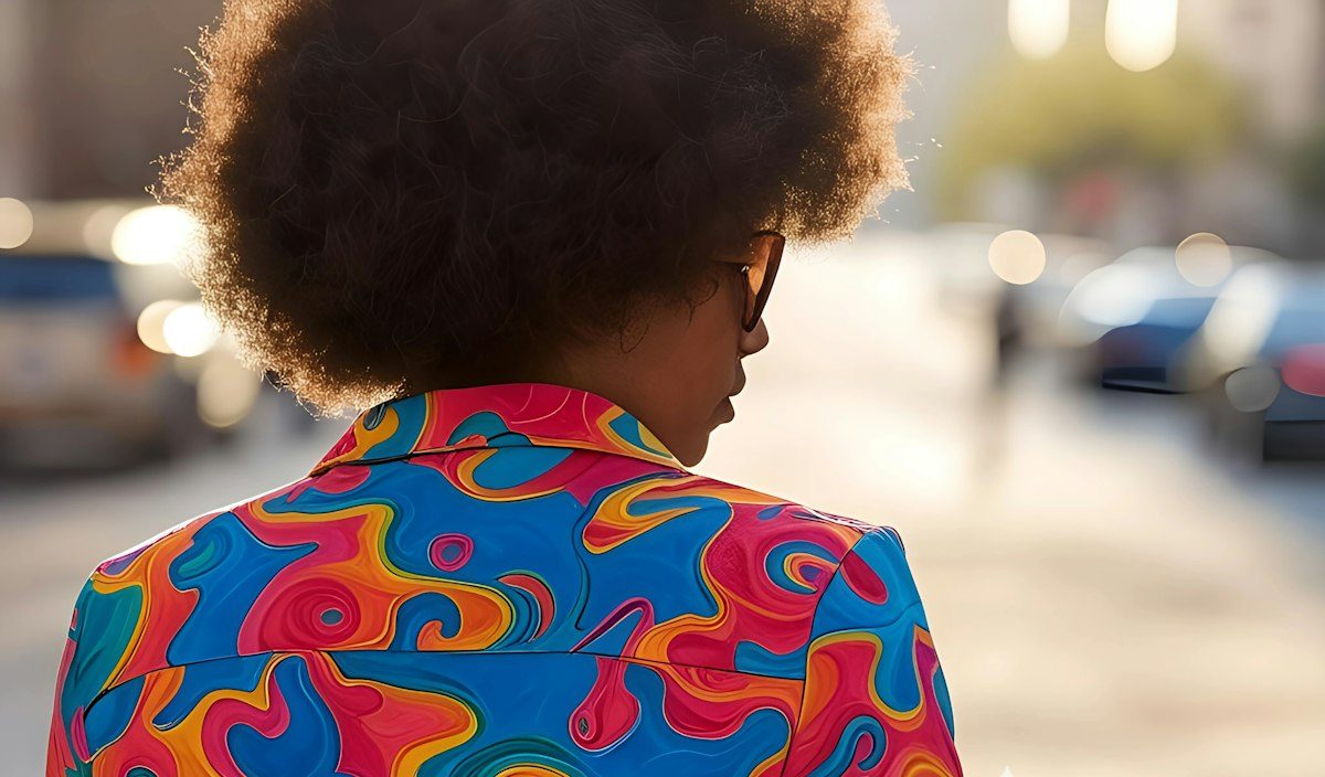 Person in a brightly patterned shirt seen from behind on a street.