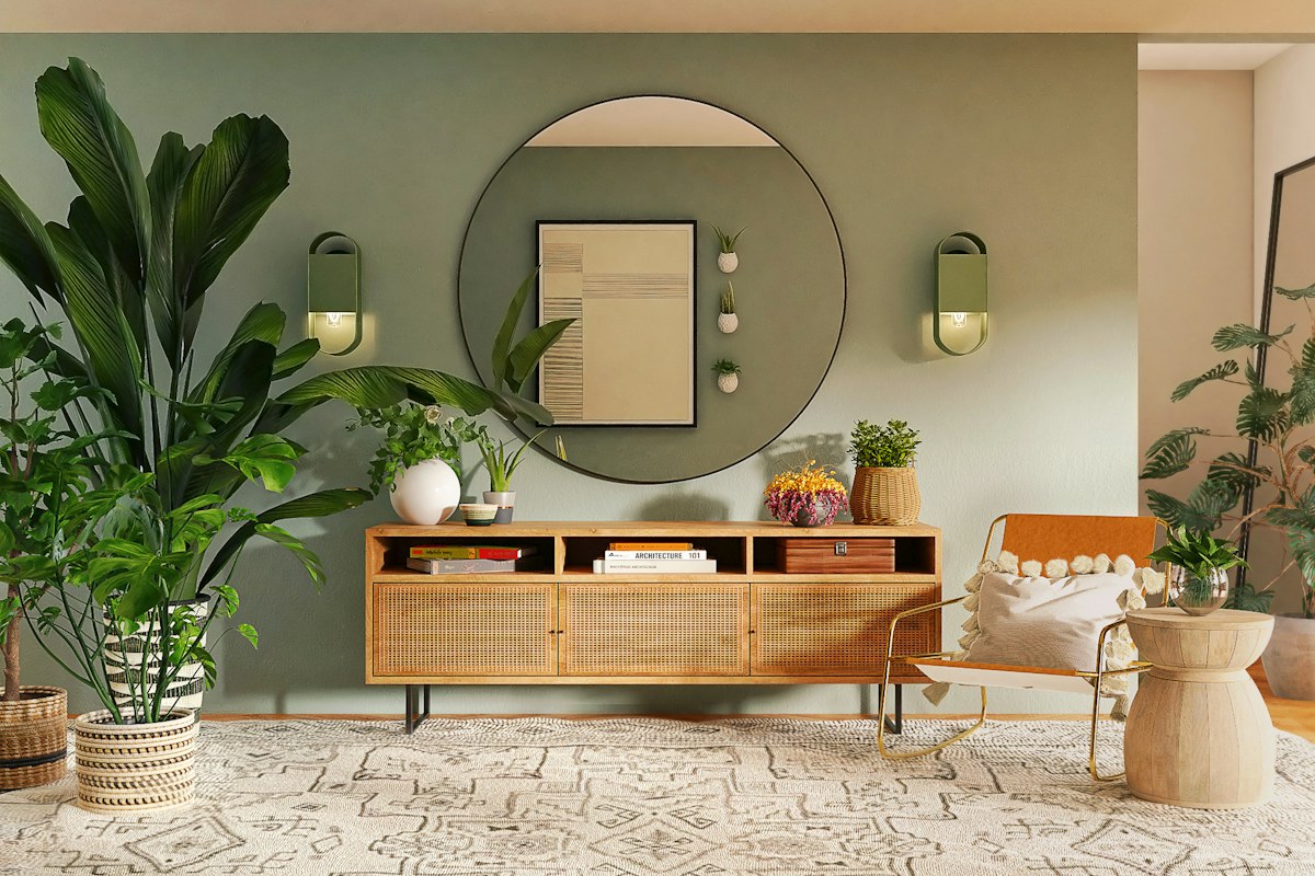 A wooden sideboard and chair beneath a round mirror in a green living room.